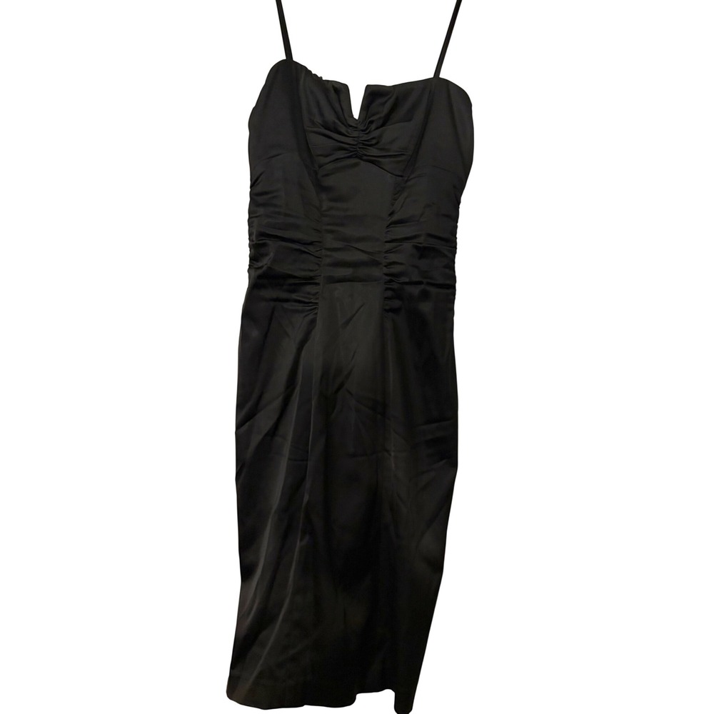 Cache Vintage Y2K Black Satin Ruched Midi Dress Bodycon Spaghetti Strap 6 30022